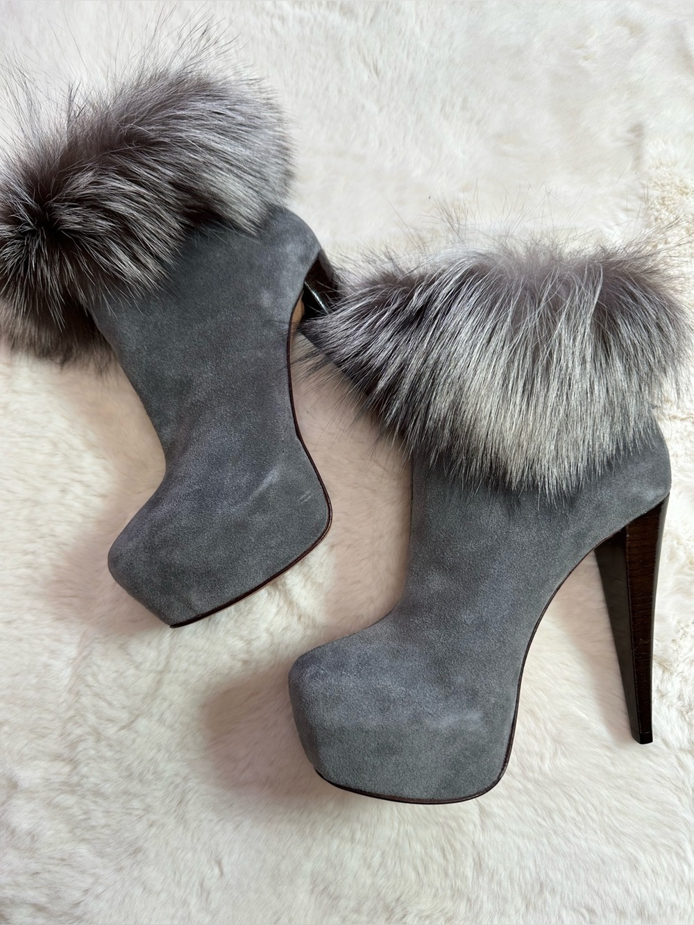 Alice + Olivia Gray Fur-Trimmed Heeled Boots
